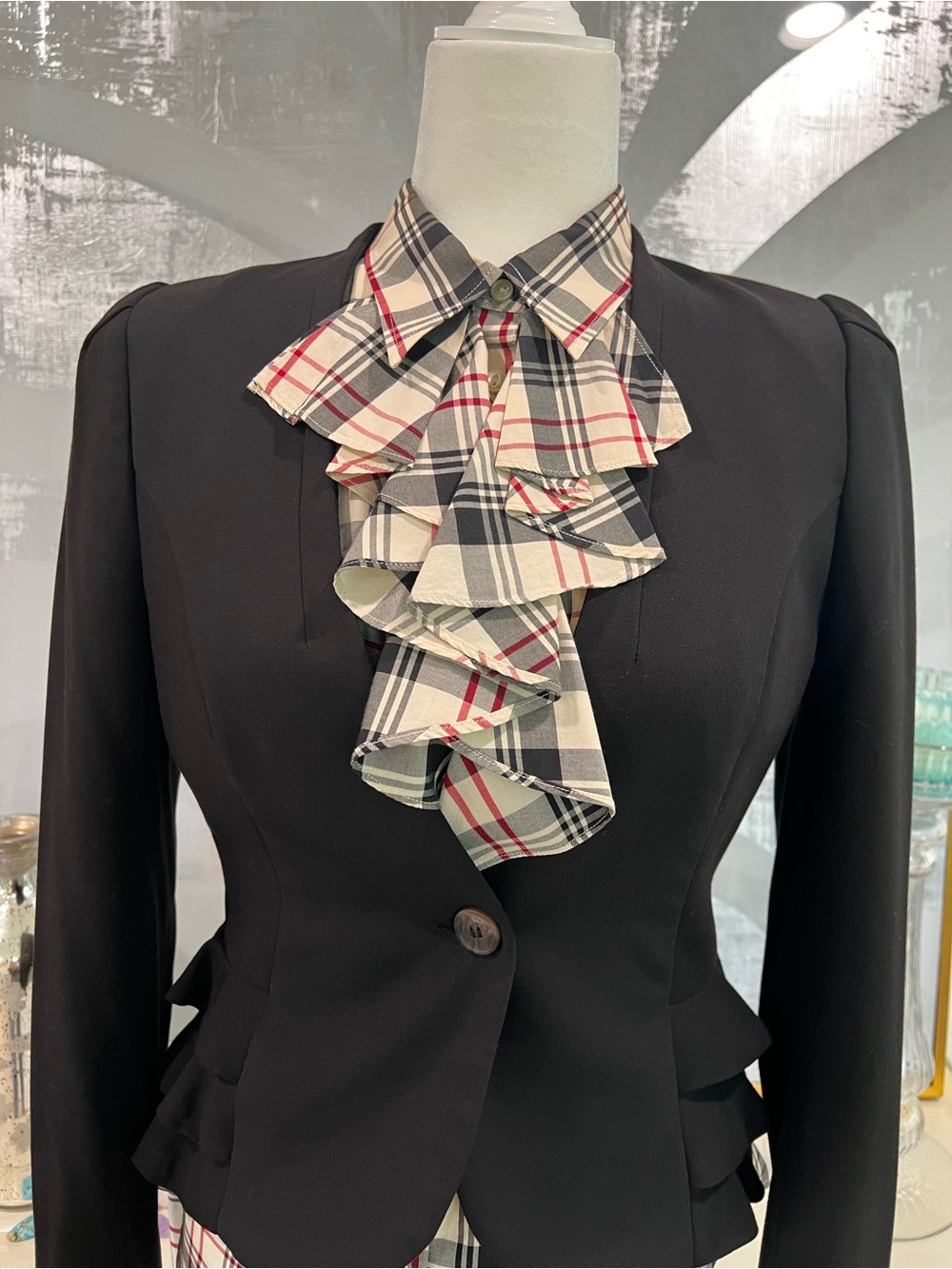Ralph Lauren Plaid Ruffle Front Button-Up Shirt - Cream/Black/Red - Picture 7 of 12